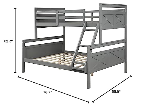 GLORHOME Twin Over Full Bunk Bed, Solid Wood Bed Frame with Full Length Safety Guard Rails and Ladder, Classic Bedroom Furniture for Teens Adults,Can Be Converted into 2 Beds, Grey