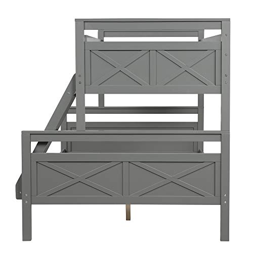 GLORHOME Twin Over Full Bunk Bed, Solid Wood Bed Frame with Full Length Safety Guard Rails and Ladder, Classic Bedroom Furniture for Teens Adults,Can Be Converted into 2 Beds, Grey