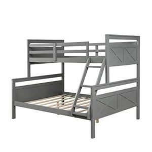 GLORHOME Twin Over Full Bunk Bed, Solid Wood Bed Frame with Full Length Safety Guard Rails and Ladder, Classic Bedroom Furniture for Teens Adults,Can Be Converted into 2 Beds, Grey