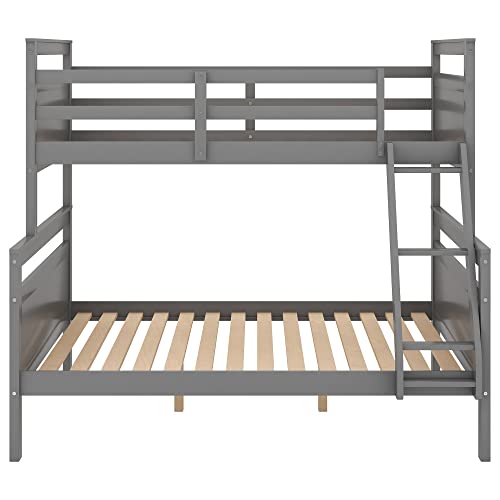 GLORHOME Twin Over Full Bunk Bed, Solid Wood Bed Frame with Full Length Safety Guard Rails and Ladder, Classic Bedroom Furniture for Teens Adults,Can Be Converted into 2 Beds, Grey