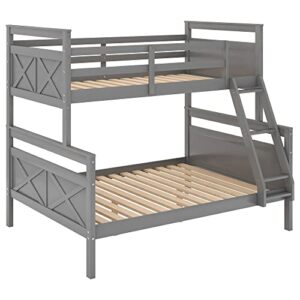 GLORHOME Twin Over Full Bunk Bed, Solid Wood Bed Frame with Full Length Safety Guard Rails and Ladder, Classic Bedroom Furniture for Teens Adults,Can Be Converted into 2 Beds, Grey