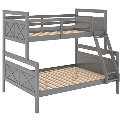 GLORHOME Twin Over Full Bunk Bed, Solid Wood Bed Frame with Full Length Safety Guard Rails and Ladder, Classic Bedroom Furniture for Teens Adults,Can Be Converted into 2 Beds, Grey