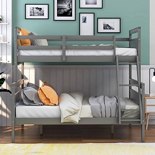 GLORHOME Twin Over Full Bunk Bed, Solid Wood Bed Frame with Full Length Safety Guard Rails and Ladder, Classic Bedroom Furniture for Teens Adults,Can Be Converted into 2 Beds, Grey