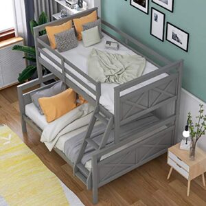 GLORHOME Twin Over Full Bunk Bed, Solid Wood Bed Frame with Full Length Safety Guard Rails and Ladder, Classic Bedroom Furniture for Teens Adults,Can Be Converted into 2 Beds, Grey