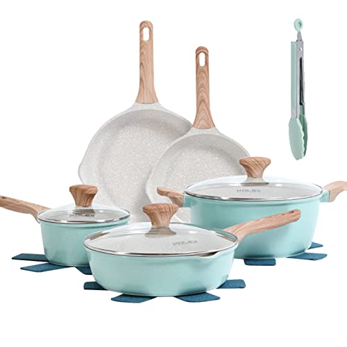 KOLEX Nonstick Cookware Sets,12-Piece Kitchenware Pots and Pans Set Granite Coating,Includes Frying Pans,Deep Frying pans,Stockpots And Cooking Tools,Suitable For All Stove,100% PFOA Free,Turquoise.