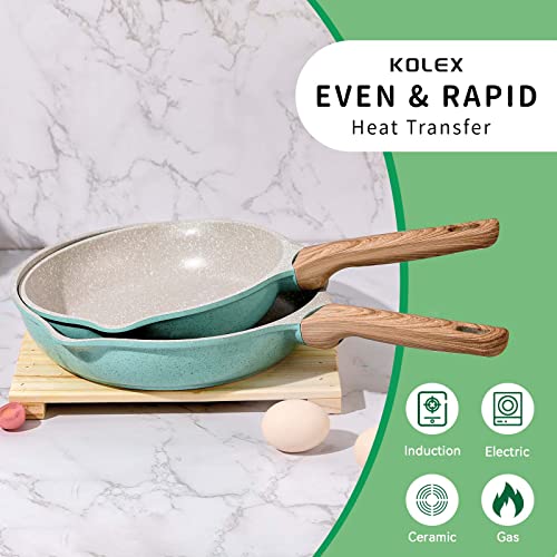 KOLEX Nonstick Cookware Sets,12-Piece Kitchenware Pots and Pans Set Granite Coating,Includes Frying Pans,Deep Frying pans,Stockpots And Cooking Tools,Suitable For All Stove,100% PFOA Free,Turquoise.