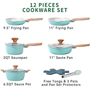 KOLEX Nonstick Cookware Sets,12-Piece Kitchenware Pots and Pans Set Granite Coating,Includes Frying Pans,Deep Frying pans,Stockpots And Cooking Tools,Suitable For All Stove,100% PFOA Free,Turquoise.