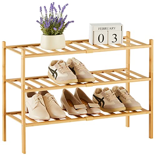 Quiqear Bamboo Shoe Rack, 3 Tier Shoe Rack Organizer, Stackable & Durable Shoe Shelf Holder, Free Standing Shoe Racks, Shoe Storage Organizer for Entryway, Closet, Hallway, 27.2*11*18.3inch (Natural)