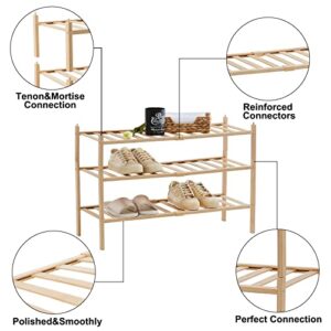 Quiqear Bamboo Shoe Rack, 3 Tier Shoe Rack Organizer, Stackable & Durable Shoe Shelf Holder, Free Standing Shoe Racks, Shoe Storage Organizer for Entryway, Closet, Hallway, 27.2*11*18.3inch (Natural)