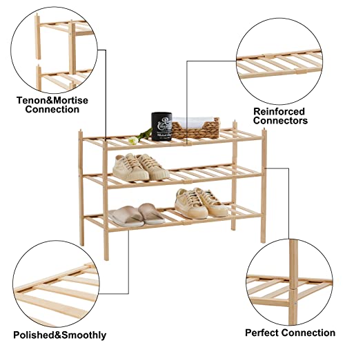 Quiqear Bamboo Shoe Rack, 3 Tier Shoe Rack Organizer, Stackable & Durable Shoe Shelf Holder, Free Standing Shoe Racks, Shoe Storage Organizer for Entryway, Closet, Hallway, 27.2*11*18.3inch (Natural)