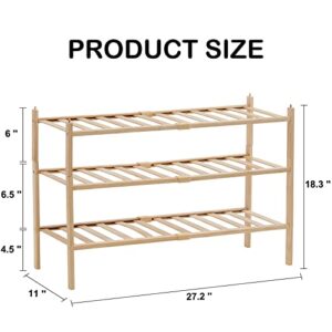 Quiqear Bamboo Shoe Rack, 3 Tier Shoe Rack Organizer, Stackable & Durable Shoe Shelf Holder, Free Standing Shoe Racks, Shoe Storage Organizer for Entryway, Closet, Hallway, 27.2*11*18.3inch (Natural)