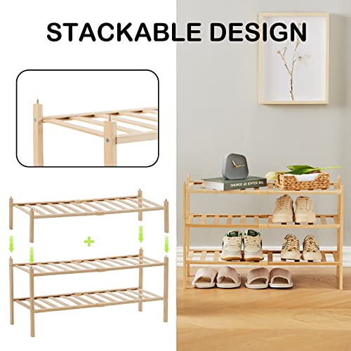 Quiqear Bamboo Shoe Rack, 3 Tier Shoe Rack Organizer, Stackable & Durable Shoe Shelf Holder, Free Standing Shoe Racks, Shoe Storage Organizer for Entryway, Closet, Hallway, 27.2*11*18.3inch (Natural)