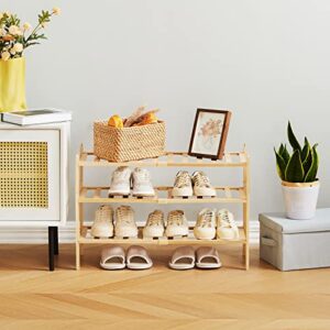 Quiqear Bamboo Shoe Rack, 3 Tier Shoe Rack Organizer, Stackable & Durable Shoe Shelf Holder, Free Standing Shoe Racks, Shoe Storage Organizer for Entryway, Closet, Hallway, 27.2*11*18.3inch (Natural)