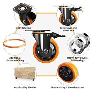 4 Inch Caster Wheels, Casters Set of 4, Heavy Duty Casters with Brake 2200 Lbs, Locking Industrial Swivel Top Plate Casters Wheels for Furniture and Workbench Cart(Two Hardware Kits Include)