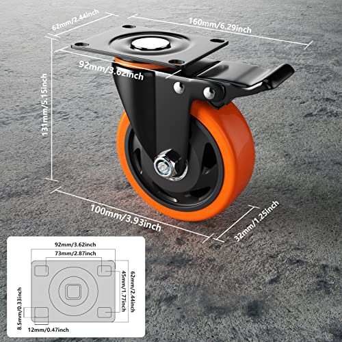 4 Inch Caster Wheels, Casters Set of 4, Heavy Duty Casters with Brake 2200 Lbs, Locking Industrial Swivel Top Plate Casters Wheels for Furniture and Workbench Cart(Two Hardware Kits Include)