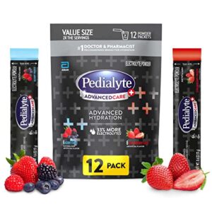 pedialyte advancedcare plus electrolyte powder, with 33% more electrolytes and preactiv prebiotics, strawberry freeze/berry frost variety pack, electrolyte drink powder packets, 0.6 oz, 12 count