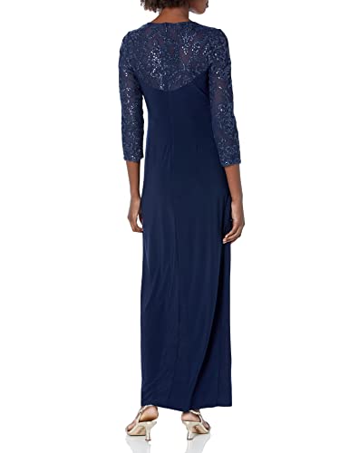 Alex Evenings Women's Long Stretchy 3/4 Sleeve Knot Front Column Dress, Navy Illusion, 14