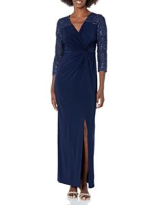 alex evenings women's long stretchy 3/4 sleeve knot front column dress, navy illusion, 14
