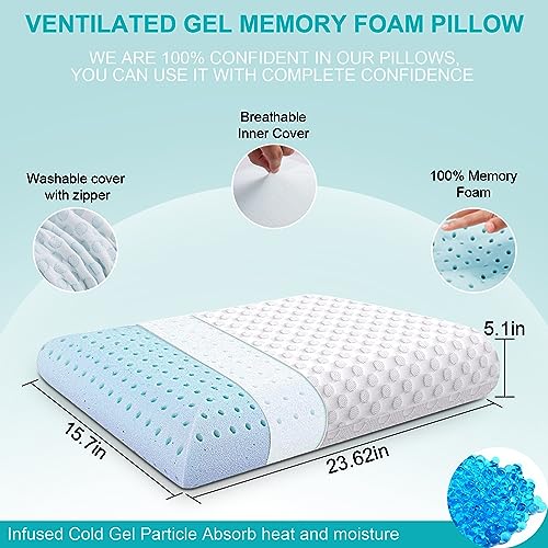 MUUEGM Gel Memory Foam Pillows, Cooling Pillow for Pain Relief Sleeping,Neck Pillows for Sleeping, Washable and Breathable Bed Pillow, Body Pillows for Adults (White)