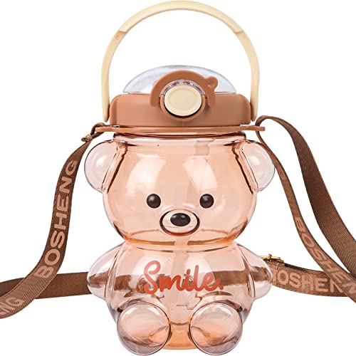 Kawaii Bear Straw Bottle, Large capacity bear water bottle with Strap and Straw, Cute Portable Bear shaped water Bottle Adjustable Removable Strap for outdoor and school activities(grey)