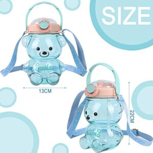 Kawaii Bear Straw Bottle，Large capacity bear water bottle with Strap and Straw , Cute Portable Bear shaped water Bottle Adjustable Removable Strap for outdoor and school activities(blue)