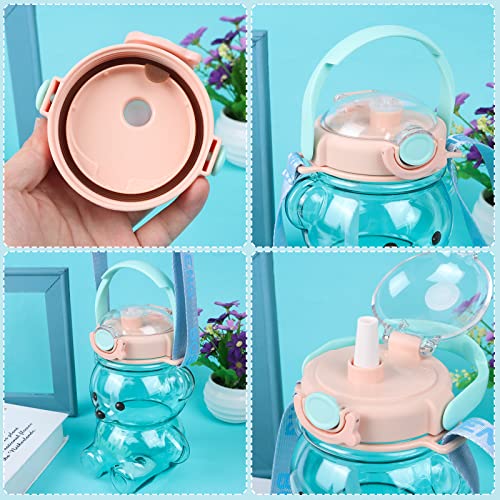 Kawaii Bear Straw Bottle，Large capacity bear water bottle with Strap and Straw , Cute Portable Bear shaped water Bottle Adjustable Removable Strap for outdoor and school activities(blue)