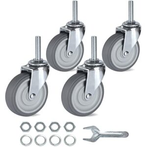 finnhomy caster wheels 3 inch set of 4 heavy duty threaded stem casters 3/8"-16 x 1-1/2" swivel rubber industrial castors premium wheels for wire shelving/furniture/carts load bearing 720 lbs gray