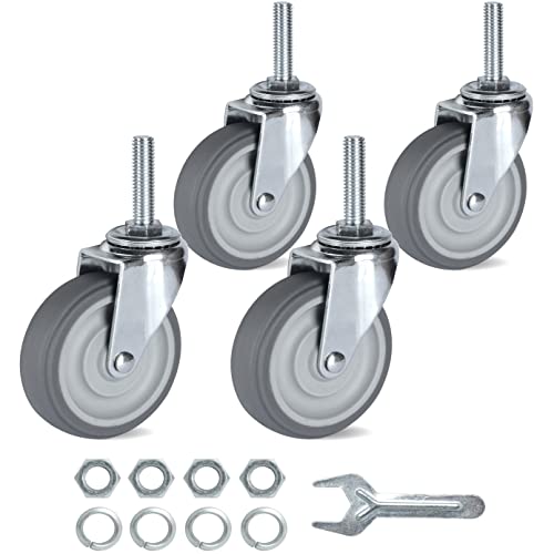 Finnhomy Caster Wheels 3 Inch Set of 4 Heavy Duty Threaded Stem Casters 3/8"-16 x 1-1/2" Swivel Rubber Industrial Castors Premium Wheels for Wire Shelving/Furniture/Carts Load Bearing 720 Lbs Gray