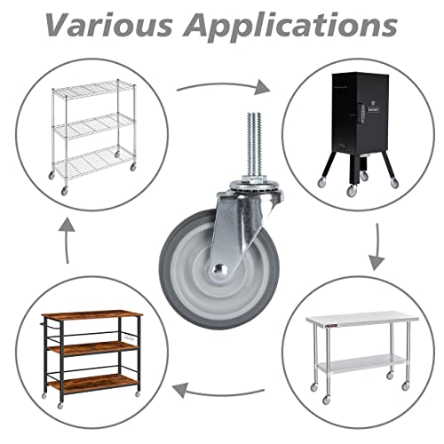 Finnhomy Caster Wheels 3 Inch Set of 4 Heavy Duty Threaded Stem Casters 3/8"-16 x 1-1/2" Swivel Rubber Industrial Castors Premium Wheels for Wire Shelving/Furniture/Carts Load Bearing 720 Lbs Gray