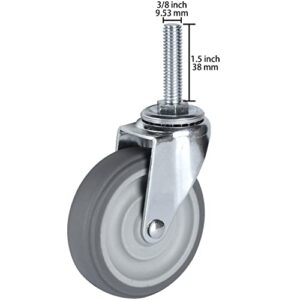 Finnhomy Caster Wheels 3 Inch Set of 4 Heavy Duty Threaded Stem Casters 3/8"-16 x 1-1/2" Swivel Rubber Industrial Castors Premium Wheels for Wire Shelving/Furniture/Carts Load Bearing 720 Lbs Gray