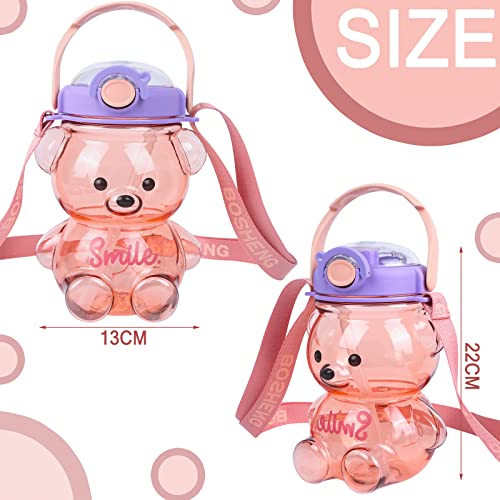 AZLNRMU Kawaii Bear Straw Bottle, Large capacity bear water bottle with Strap and Straw, Cute Portable Bear shaped water Bottle Adjustable Removable Strap for outdoor and school activities(pink)