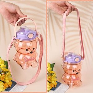 AZLNRMU Kawaii Bear Straw Bottle, Large capacity bear water bottle with Strap and Straw, Cute Portable Bear shaped water Bottle Adjustable Removable Strap for outdoor and school activities(pink)