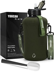 youcan plato 64 oz half gallon water bottle with sleeve-large water bottle -big gym water bottle with straw- gallon water jug with handle and bottle brush-bpa free-2 liter workout bottle, army green