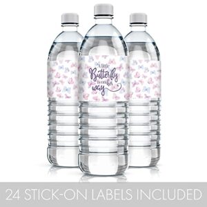 Butterfly Girl Baby Shower Water Bottle Labels - A Little Butterfly is on Her Way - It's a Girl Pink and Purple Waterproof Wrappers - 24 Count