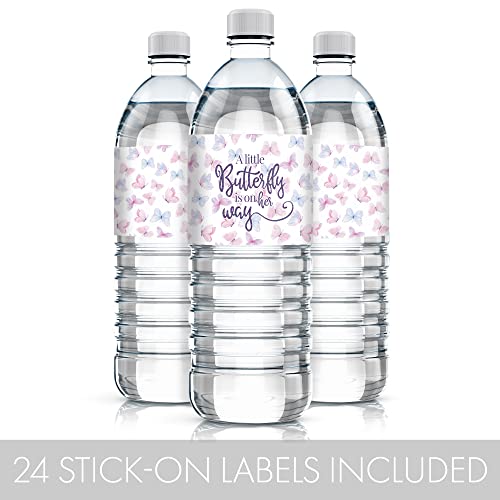 Butterfly Girl Baby Shower Water Bottle Labels - A Little Butterfly is on Her Way - It's a Girl Pink and Purple Waterproof Wrappers - 24 Count