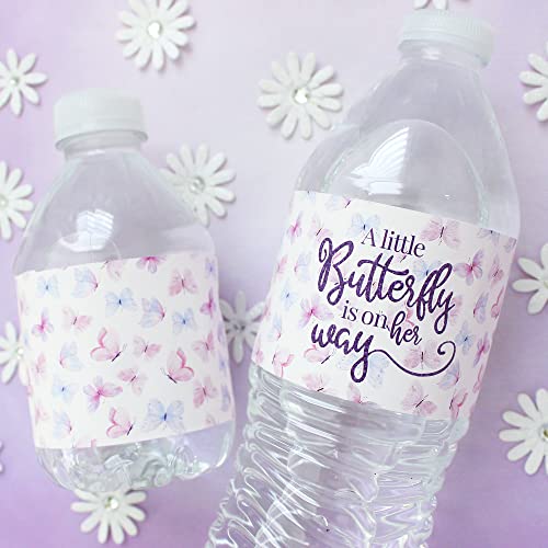 Butterfly Girl Baby Shower Water Bottle Labels - A Little Butterfly is on Her Way - It's a Girl Pink and Purple Waterproof Wrappers - 24 Count