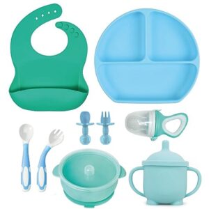 vaba du baby feeding set - 10-pack - easy baby led weaning - adjustable bib, food feeder, utensils, dish & suction bowl with lid, and sippy cup