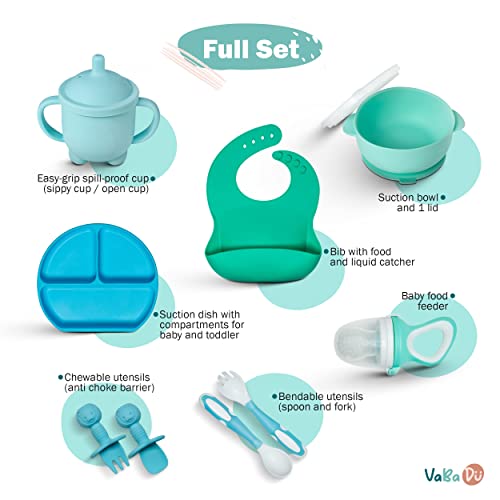 VaBa Du Baby Feeding Set - 10-Pack - Easy Baby Led Weaning - Adjustable Bib, Food Feeder, Utensils, Dish & Suction Bowl with Lid, and Sippy Cup