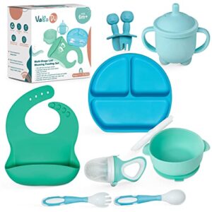 VaBa Du Baby Feeding Set - 10-Pack - Easy Baby Led Weaning - Adjustable Bib, Food Feeder, Utensils, Dish & Suction Bowl with Lid, and Sippy Cup