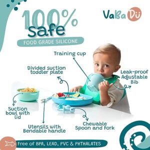 VaBa Du Baby Feeding Set - 10-Pack - Easy Baby Led Weaning - Adjustable Bib, Food Feeder, Utensils, Dish & Suction Bowl with Lid, and Sippy Cup