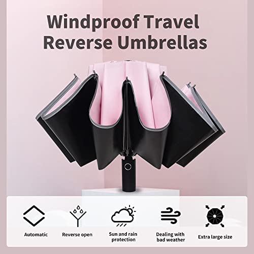 GENMAI SOEASY Umbrella for Rain, Sun Umbrella Windproof Travel Compact Folding Umbrella, Light Automatic Portable Compact Large Car UV Umbrella for Walking,Big Pink Umbrella for Men and Women