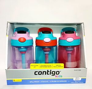 contigo kids water bottle, 14 oz with autospout technology – spill proof, easy-clean lid design – ages 3 plus, top rack dishwasher safe, 3-pack, purple/blue/pink