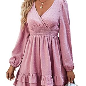 Rooscier Women's Wrap V Neck Swing Ruffle Swiss Dots Long Sleeve Mini Dress Solid Pink Medium