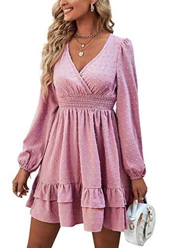 Rooscier Women's Wrap V Neck Swing Ruffle Swiss Dots Long Sleeve Mini Dress Solid Pink Medium