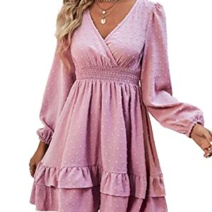 Rooscier Women's Wrap V Neck Swing Ruffle Swiss Dots Long Sleeve Mini Dress Solid Pink Medium