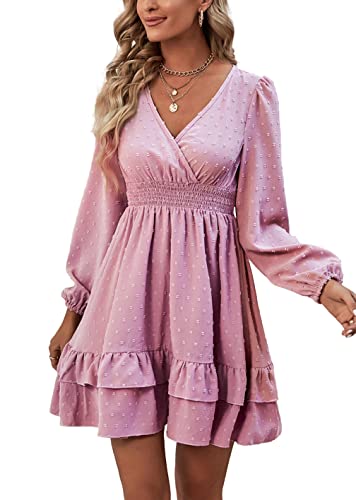 Rooscier Women's Wrap V Neck Swing Ruffle Swiss Dots Long Sleeve Mini Dress Solid Pink Medium