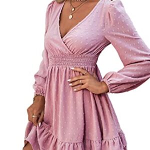 Rooscier Women's Wrap V Neck Swing Ruffle Swiss Dots Long Sleeve Mini Dress Solid Pink Medium