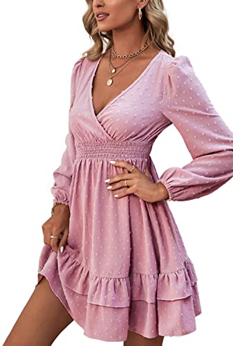 Rooscier Women's Wrap V Neck Swing Ruffle Swiss Dots Long Sleeve Mini Dress Solid Pink Medium