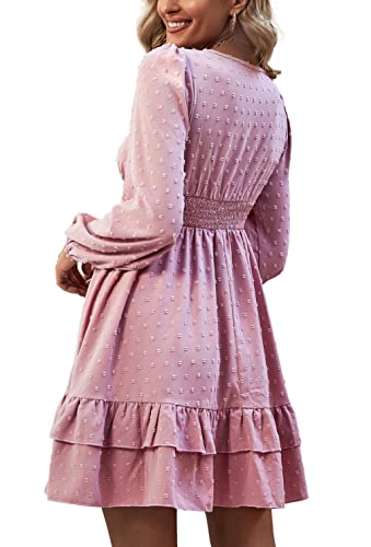 Rooscier Women's Wrap V Neck Swing Ruffle Swiss Dots Long Sleeve Mini Dress Solid Pink Medium