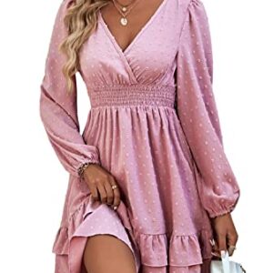 Rooscier Women's Wrap V Neck Swing Ruffle Swiss Dots Long Sleeve Mini Dress Solid Pink Medium